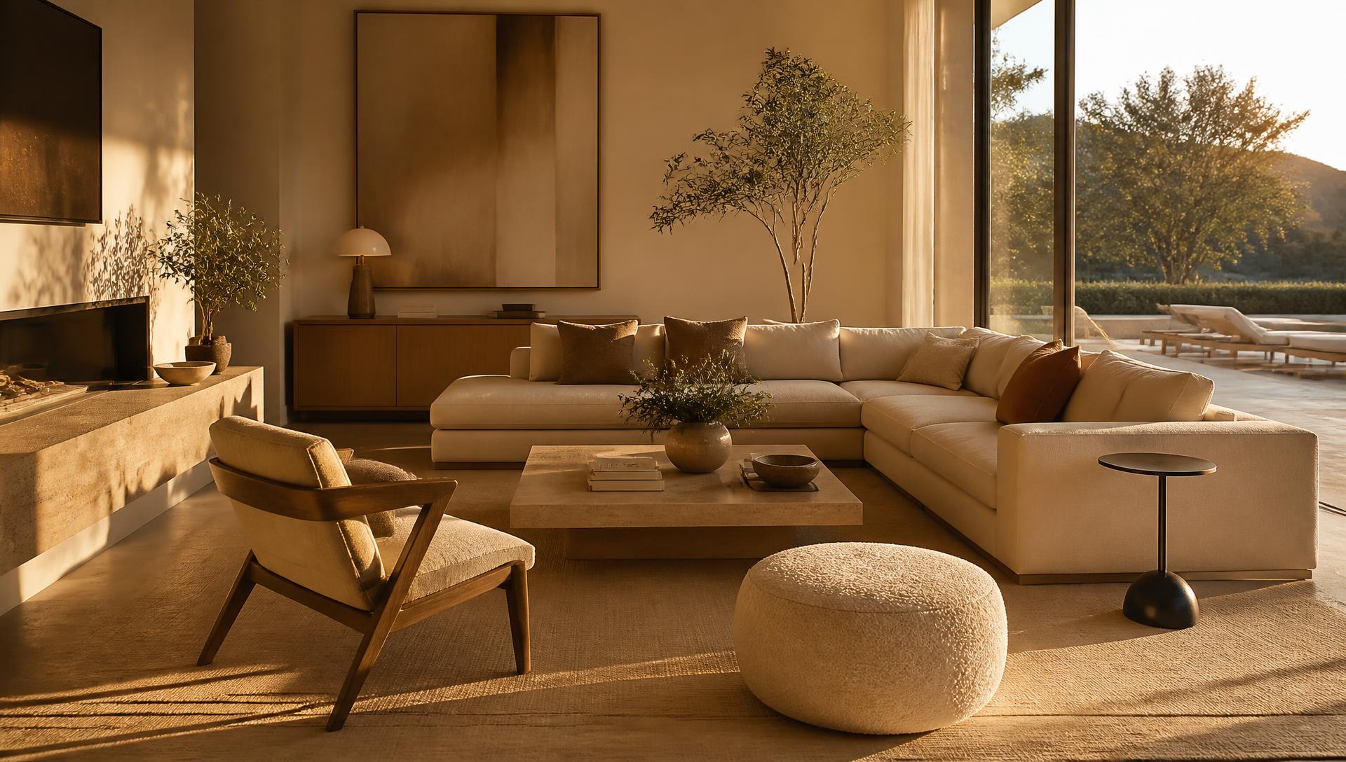 Warm modern living room at golden hour