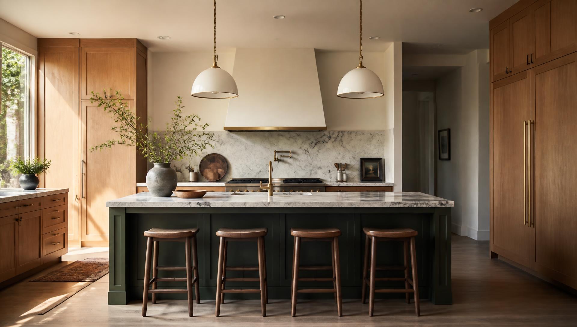 Modern luxury kitchen interior with warm oak cabinetry and a deep green island