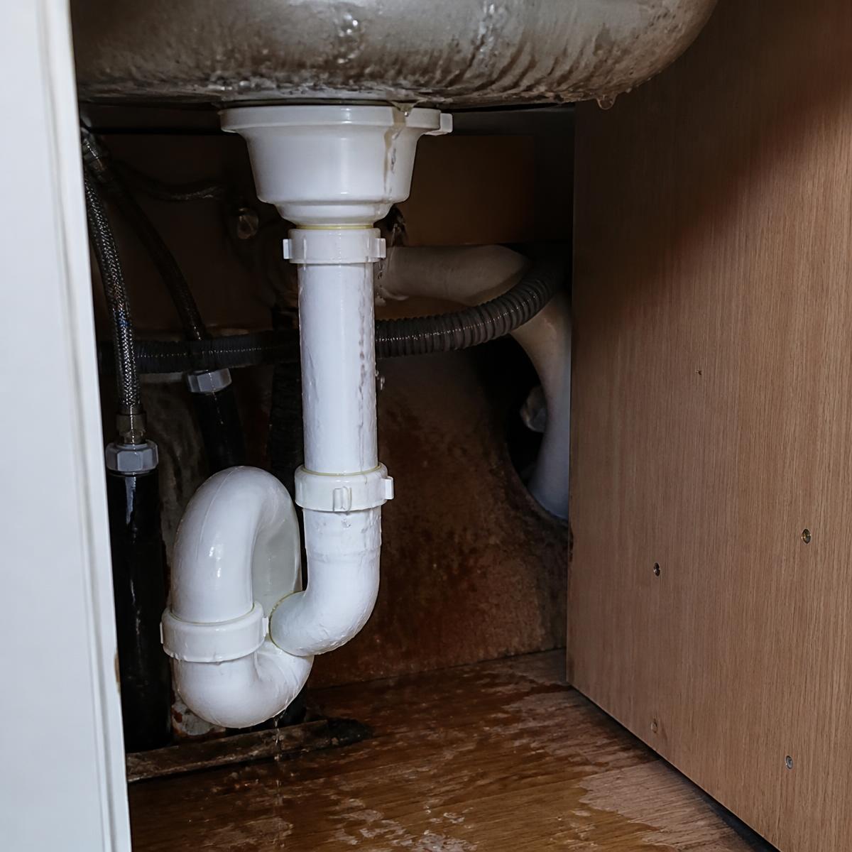 Leaking pipe under a kitchen sink